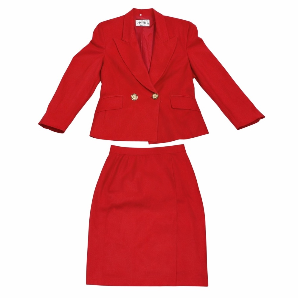 Gianfranco Ferré Vintage Red Wool Suit Set Gold Pearl Button Blazer Skirt IT 42